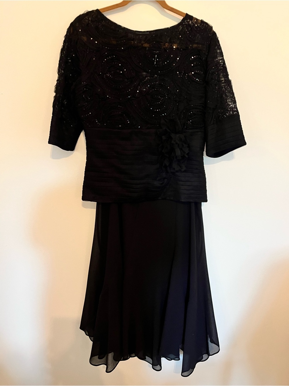 Elegant Black Beaded Midi Dress with Floral Waist Detail (size 12 & 8)